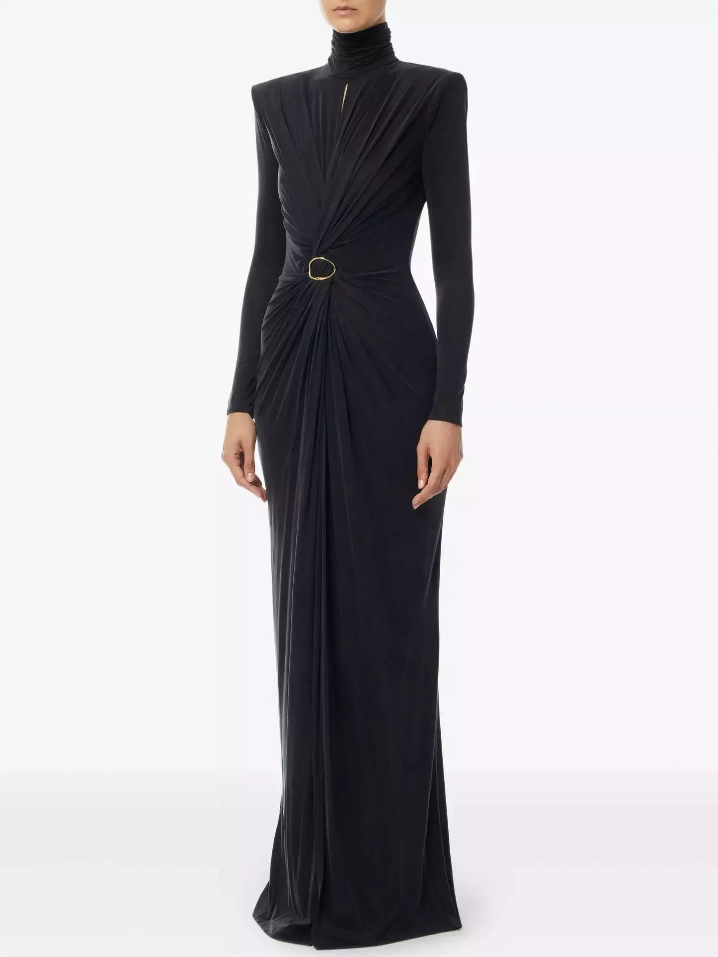 Draped Maxi Gown with Gold Ring Detail - Dresses