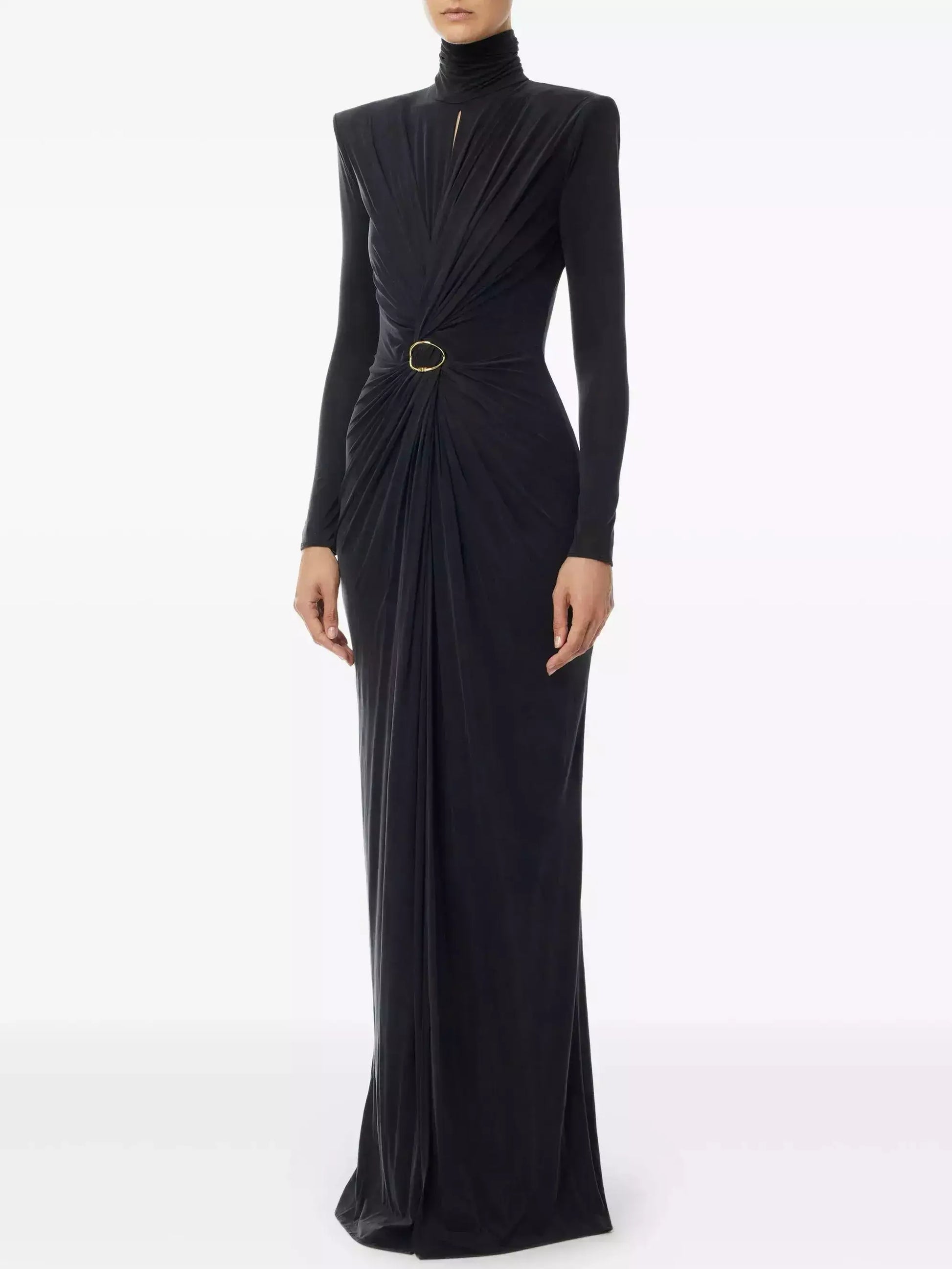 Draped Maxi Gown with Gold Ring Detail - Dresses