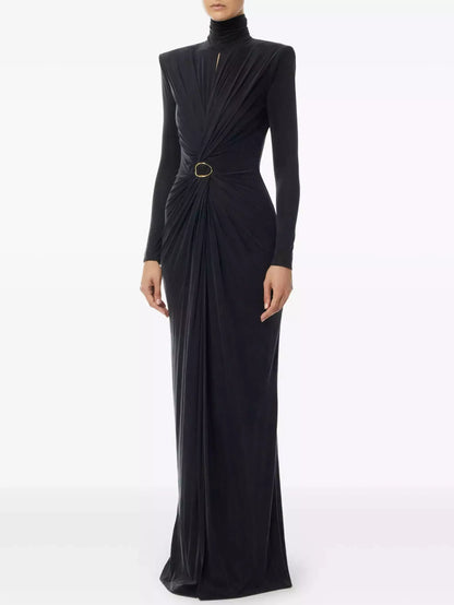 Draped Maxi Gown with Gold Ring Detail - Dresses