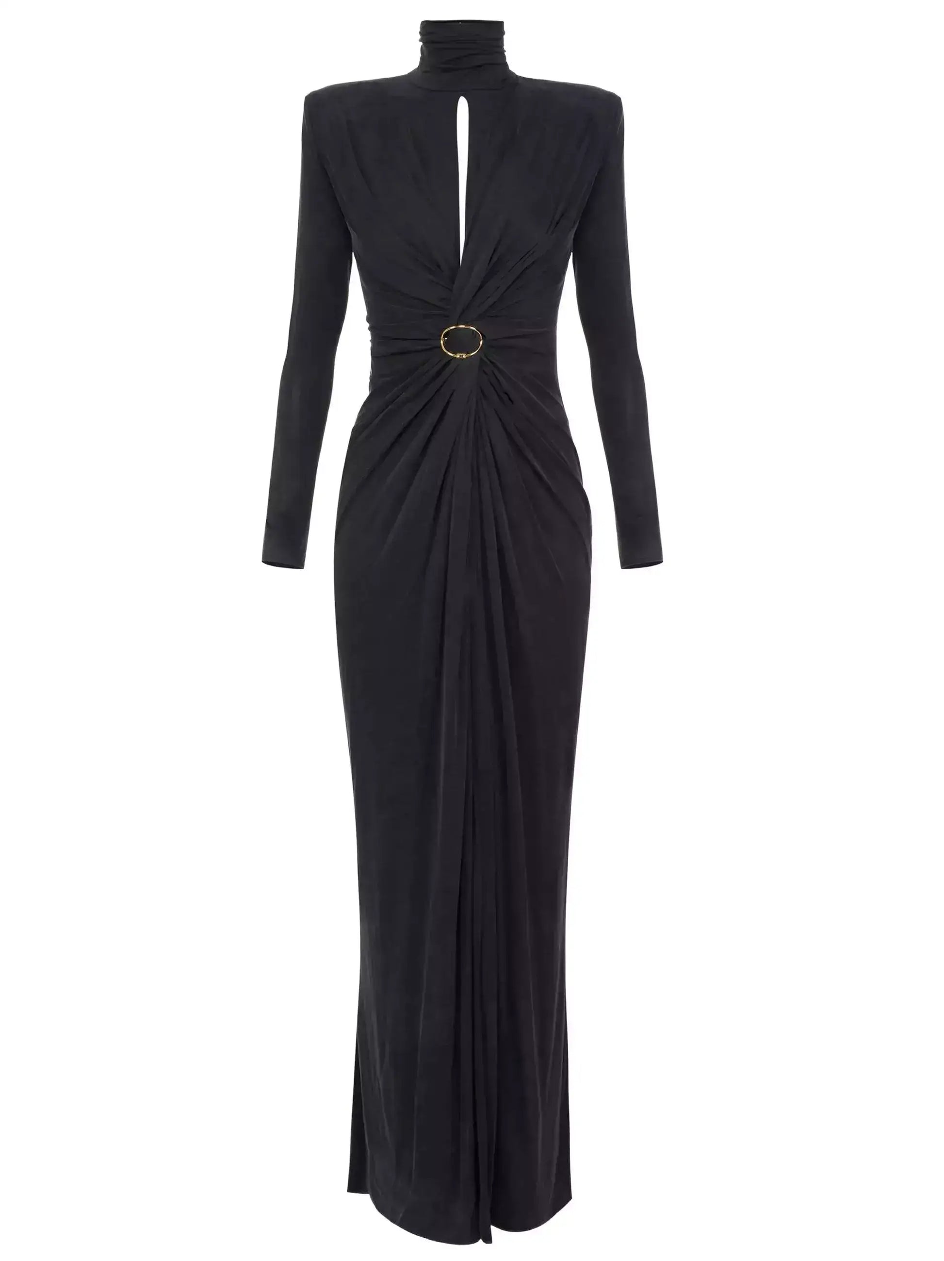 Draped Maxi Gown with Gold Ring Detail - XS / Black - Dresses
