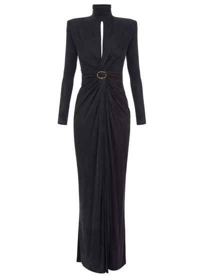 Draped Maxi Gown with Gold Ring Detail - XS / Black - Dresses