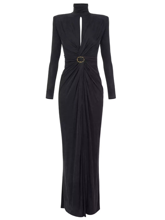 Draped Maxi Gown with Gold Ring Detail - XS / Black - Dresses