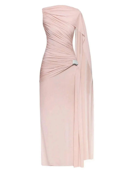 Draped One Shoulder Sleeveless Gown S / Light Pink Dresses
