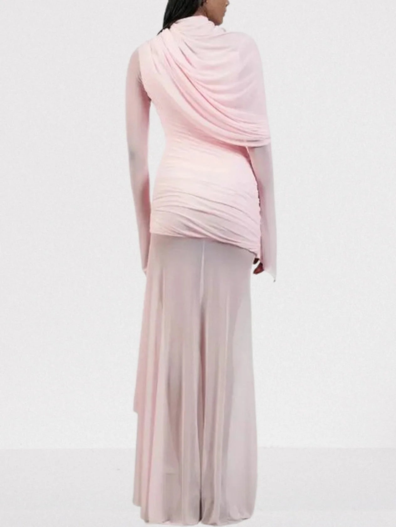 Draped Pink Chiffon Tulle Long-Sleeve Gown - Dresses