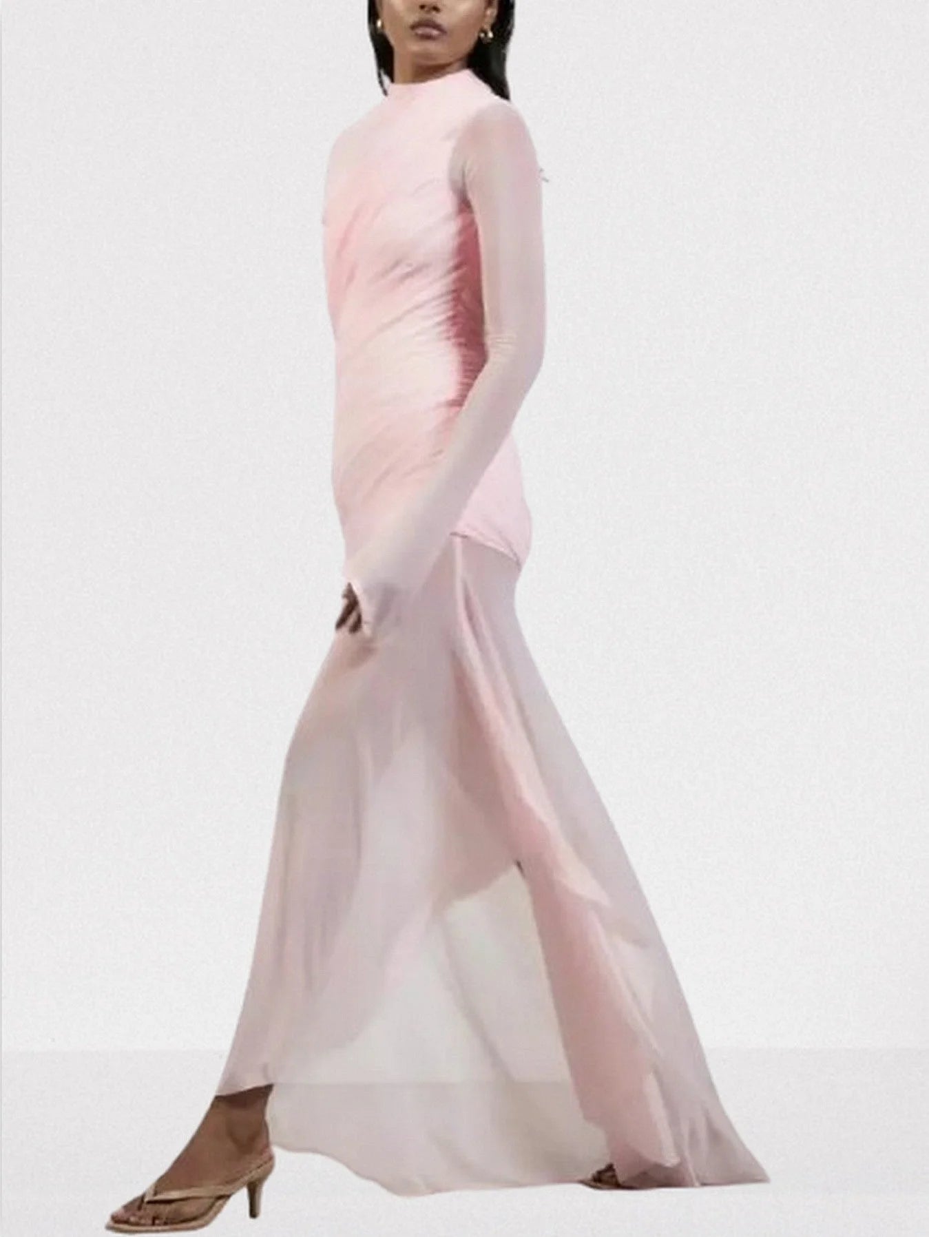 Draped Pink Chiffon Tulle Long-Sleeve Gown - Dresses