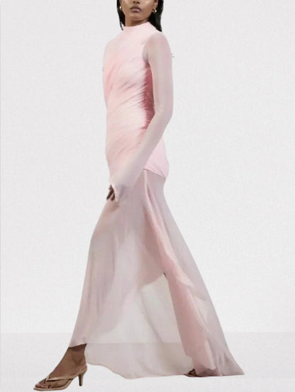 Draped Pink Chiffon Tulle Long-Sleeve Gown - Dresses