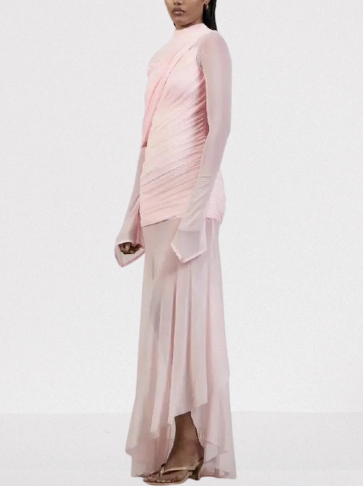 Draped Pink Chiffon Tulle Long-Sleeve Gown - Dresses