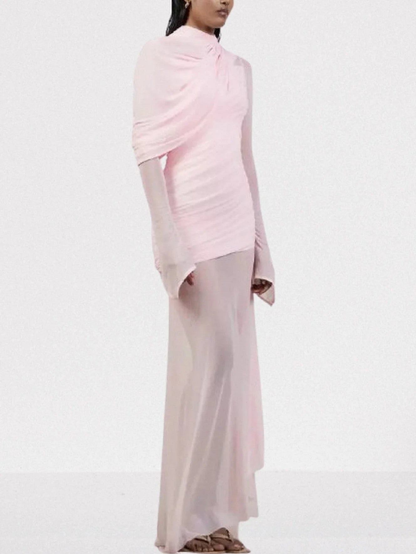 Draped Pink Chiffon Tulle Long-Sleeve Gown - Dresses