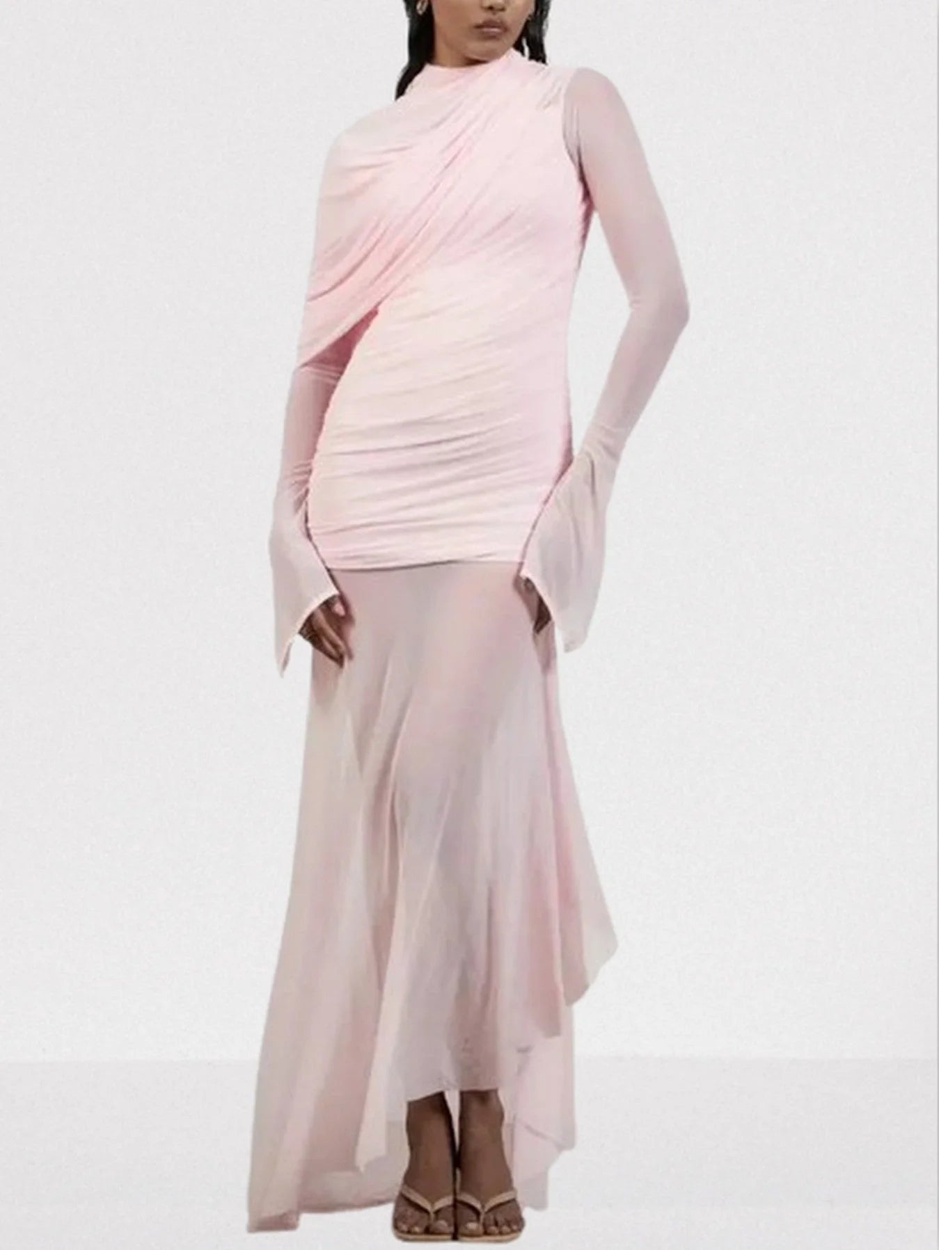 Draped Pink Chiffon Tulle Long-Sleeve Gown - Dresses