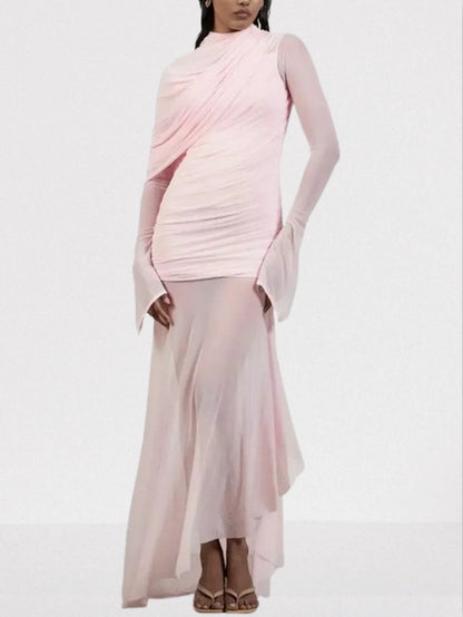 Draped Pink Chiffon Tulle Long-Sleeve Gown - Dresses