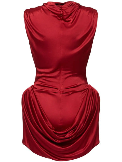 Draped Red Sleeveless Mock-Neck Mini Dress - Dresses