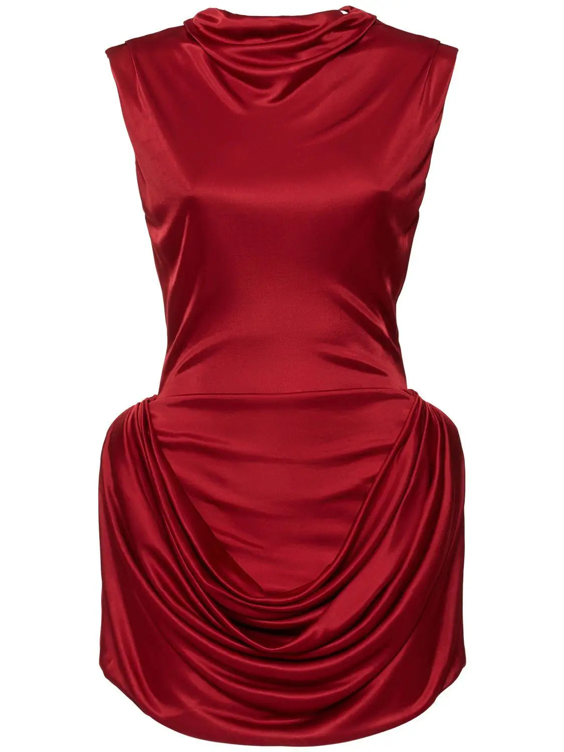 Draped Red Sleeveless Mock-Neck Mini Dress - Dresses