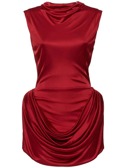 Draped Red Sleeveless Mock-Neck Mini Dress - Dresses