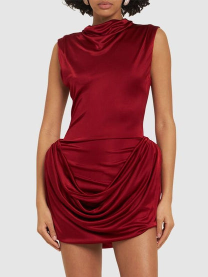 Draped Red Sleeveless Mock-Neck Mini Dress