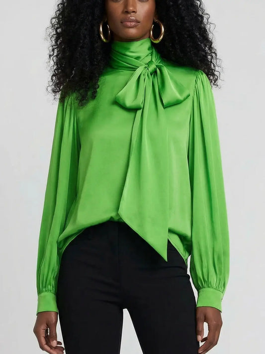 Draped Tie-Neck Silk Blouse - Small / Green - Tops