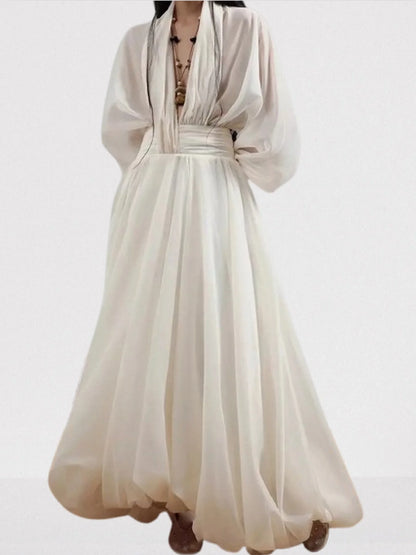 Draped Tulle Plunge-Neck Puff-Sleeve Dress - Dresses