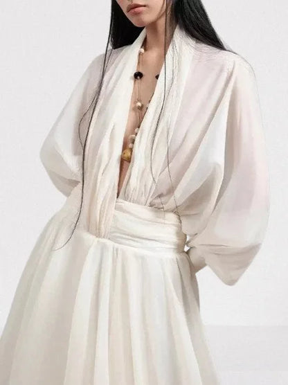 Draped Tulle Plunge-Neck Puff-Sleeve Dress - Dresses