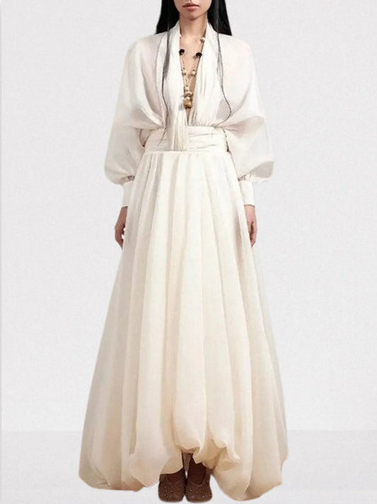 Draped Tulle Plunge-Neck Puff-Sleeve Dress - Small - Dresses
