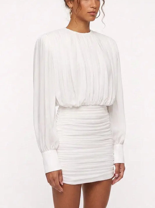 Draped White Long Sleeve Ruched Mini Dress - Dresses