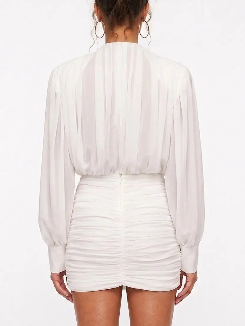 Draped White Long Sleeve Ruched Mini Dress - Dresses