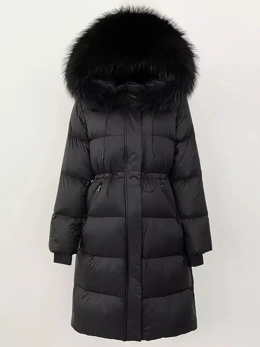 Drawstring Waist Long Down Coat in Black with Black Fur Hood - Branna Couture