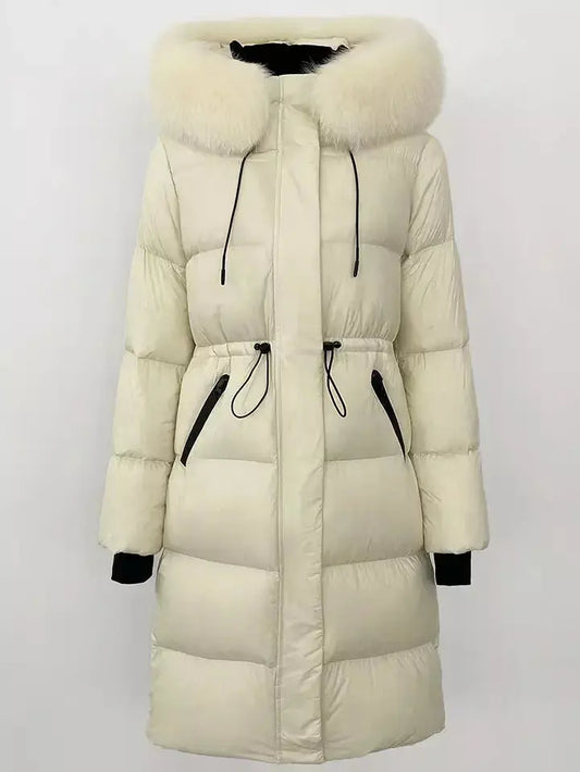 Drawstring Waist Long Down Coat in White with Natural Fur Hood - Branna Couture