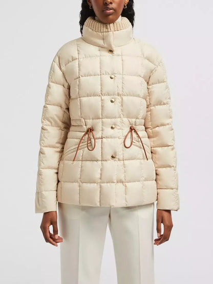 Women’s Drawstring-Waist Puffer Down Jacket with Partial Knit Collar Branna Couture