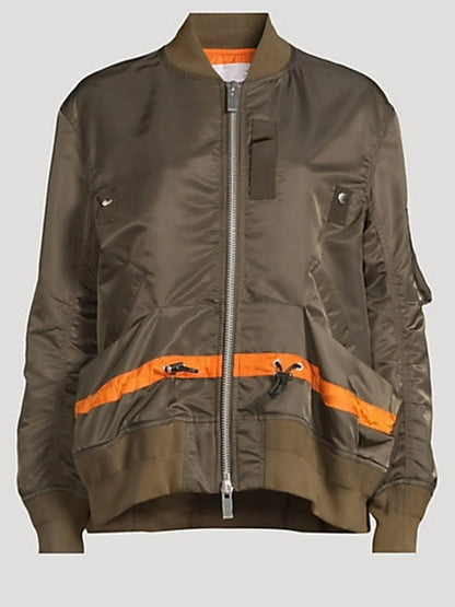Drawstring Twill Bomber Jacket with Contrast Stripe - Jackets