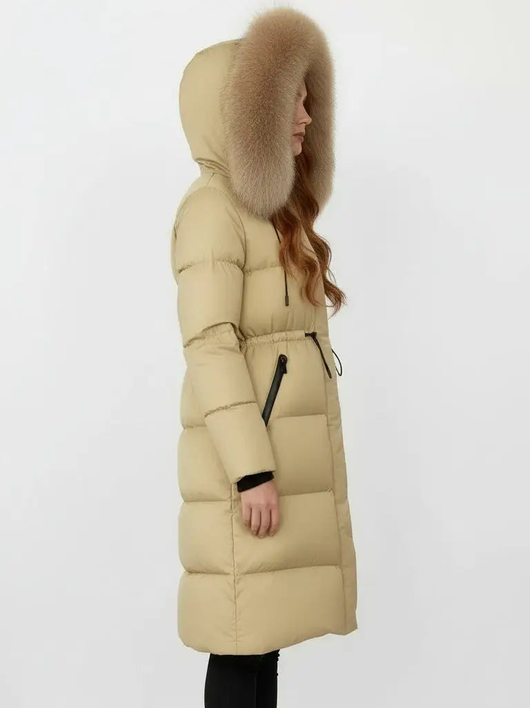 Drawstring Waist Long Down Coat in Beige with Beige Fur Hood - Coats