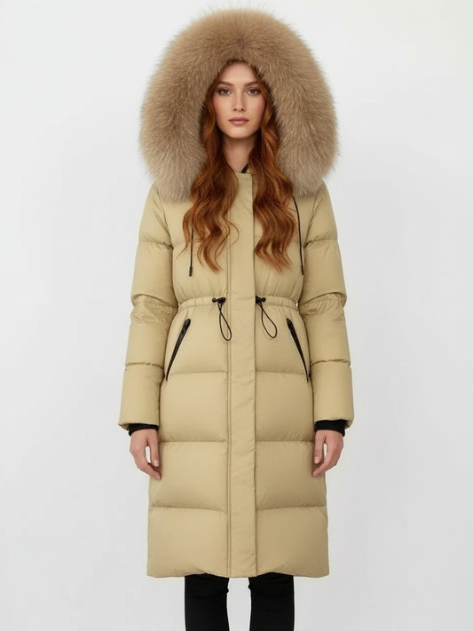Drawstring Waist Long Down Coat in Beige with Beige Fur Hood