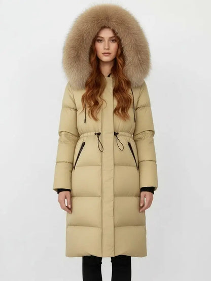 Drawstring Waist Long Down Coat in Beige with Beige Fur Hood - Small - Coats
