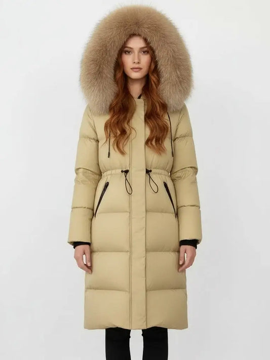 Drawstring Waist Long Down Coat in Beige with Beige Fur Hood - Small - Coats