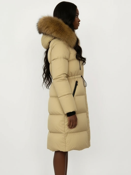 Drawstring Waist Long Down Coat in Beige with Natural Fur Hood