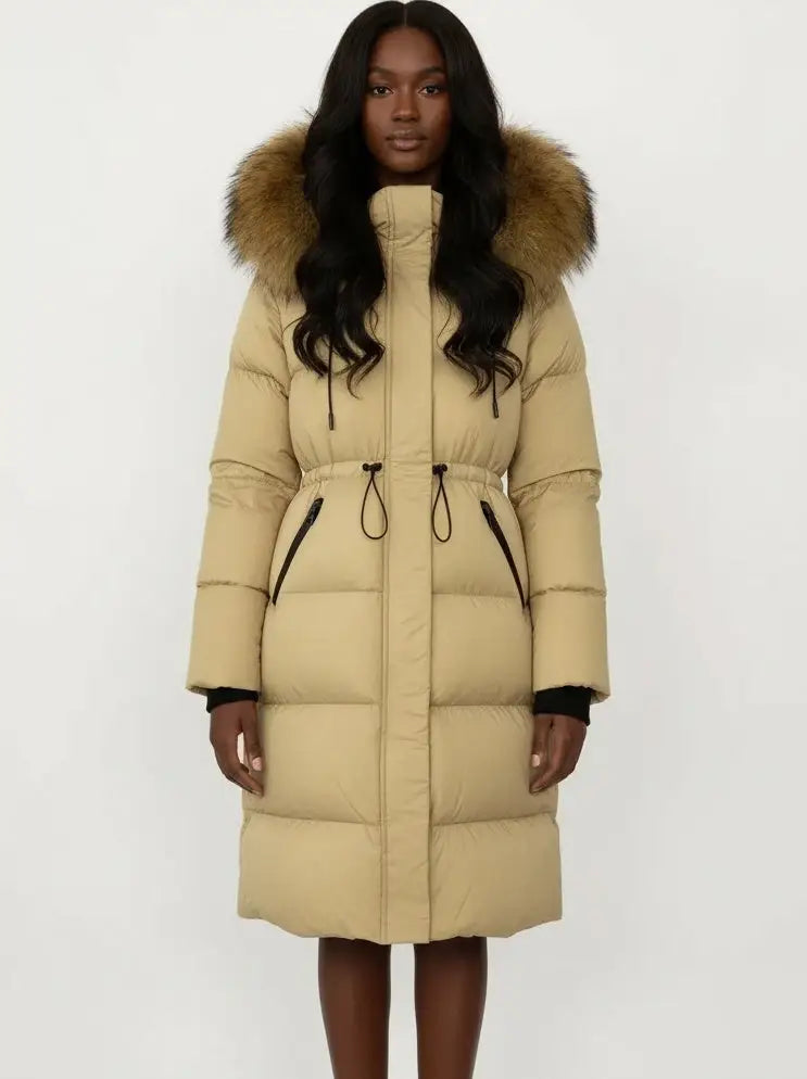 Drawstring Waist Long Down Coat in Beige with Natural Fur Hood - Small - Coats