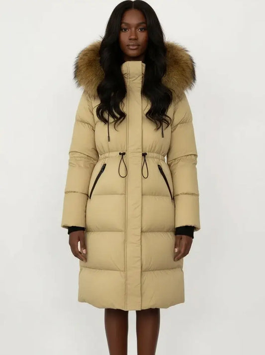 Drawstring Waist Long Down Coat in Beige with Natural Fur Hood - Small - Coats