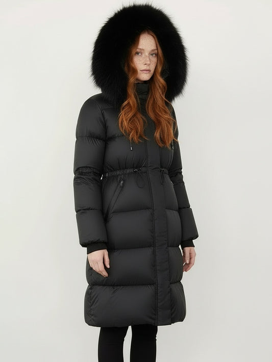 Drawstring Waist Long Down Coat in Black with Black Fur Hood