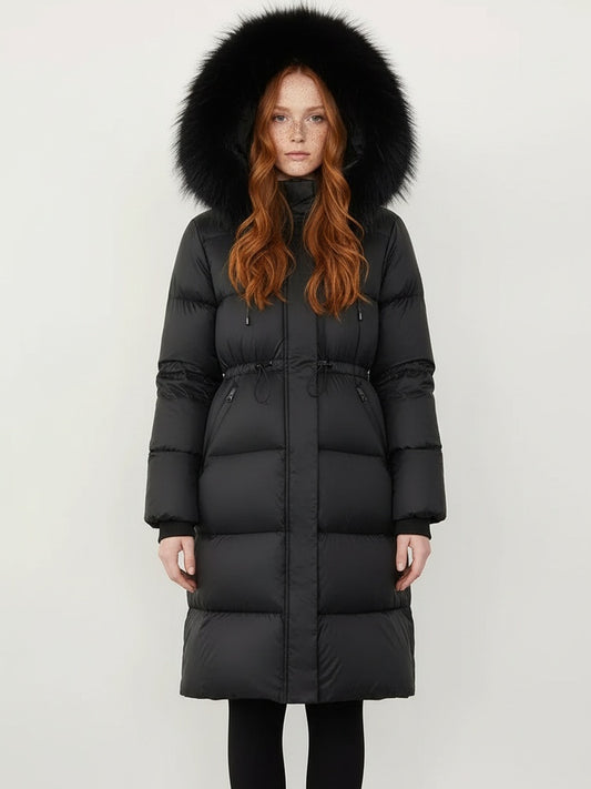 Drawstring Waist Long Down Coat in Black with Black Fur Hood