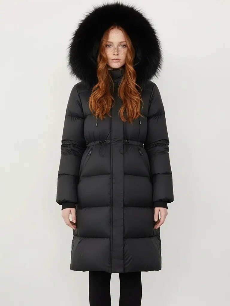 Drawstring Waist Long Down Coat in Black with Black Fur Hood - Small - Coats