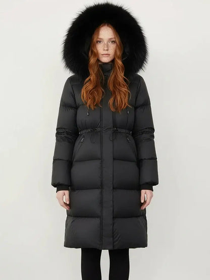 Drawstring Waist Long Down Coat in Black with Black Fur Hood - Small - Coats