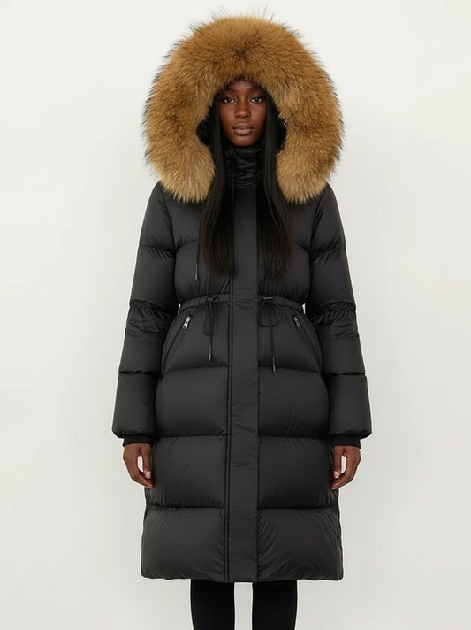 Drawstring Waist Long Down Coat in Black with Natural Fur Hood