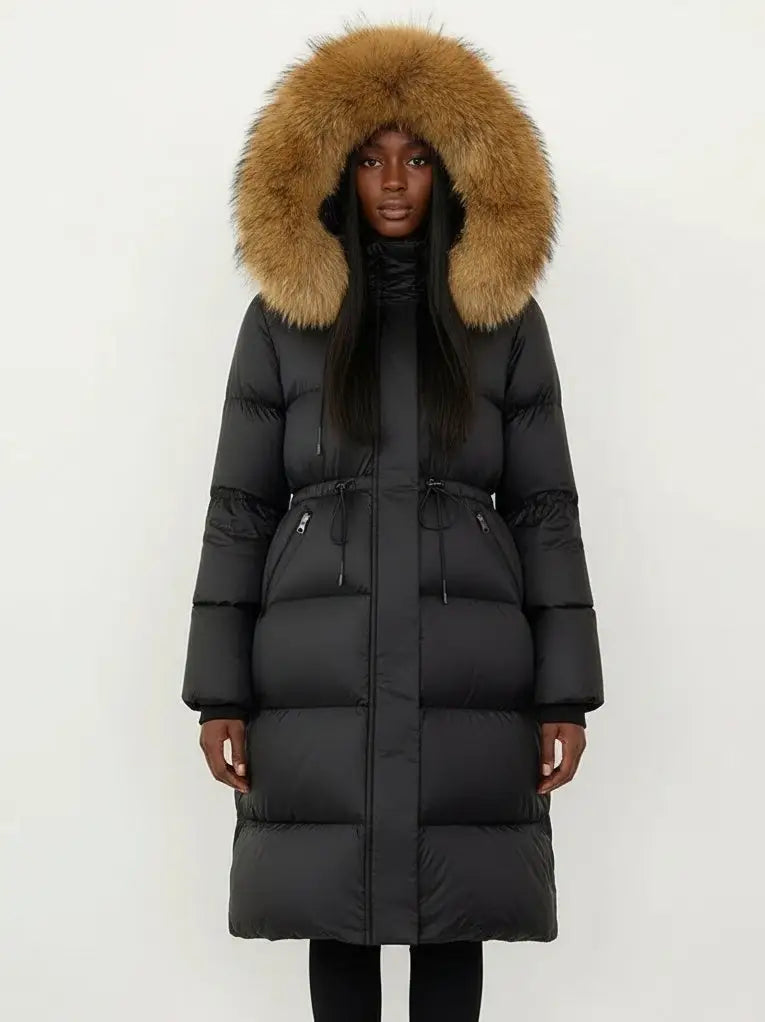 Drawstring Waist Long Down Coat in Black with Natural Fur Hood - Small - Coats