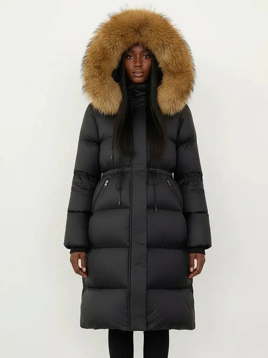 Drawstring Waist Long Down Coat in Black with Natural Fur Hood - Small - Coats