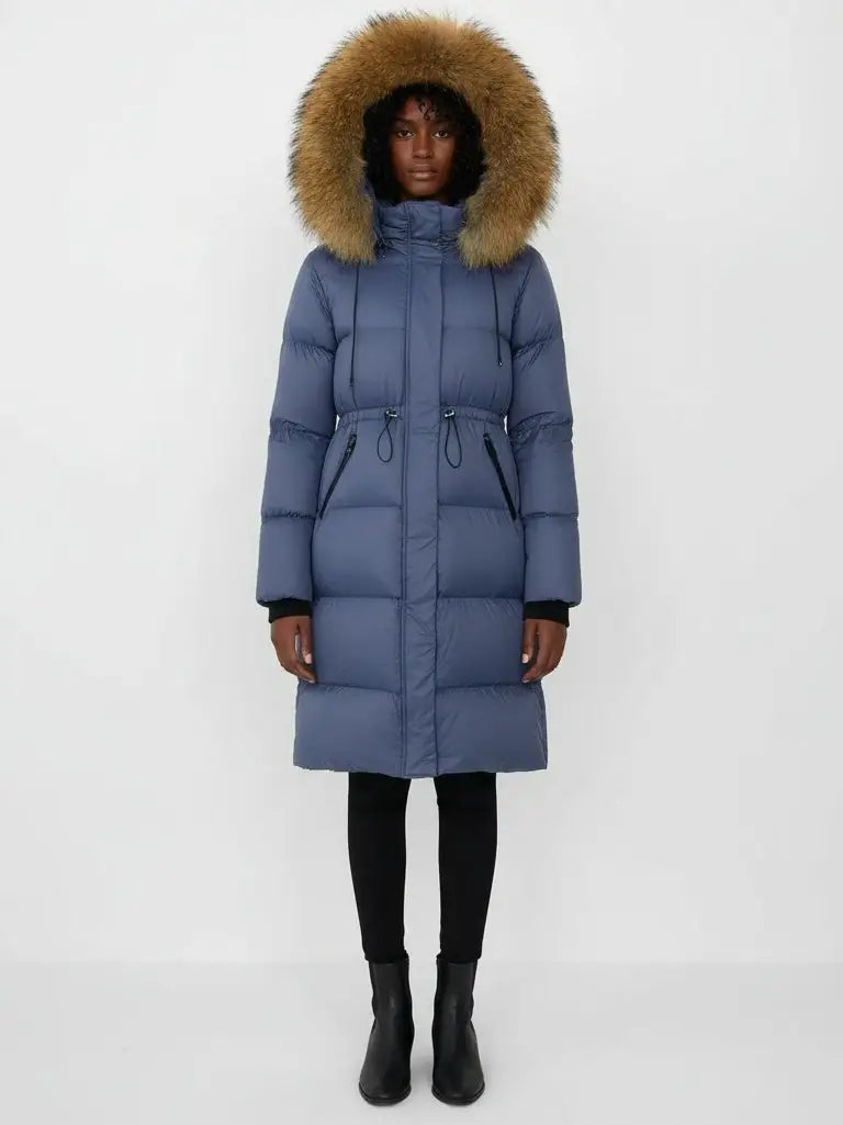 Drawstring Waist Long Down Coat in Blue with Natural Fur Hood - Coats