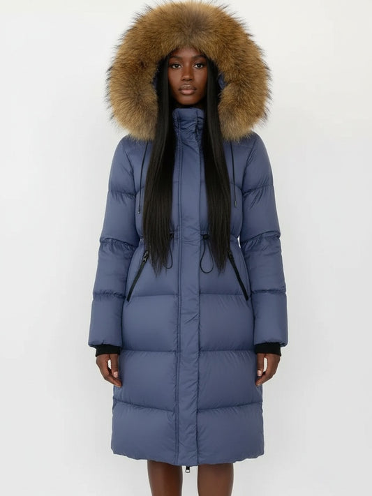 Drawstring Waist Long Down Coat in Blue with Natural Fur Hood