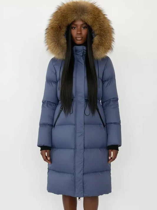 Drawstring Waist Long Down Coat in Blue with Natural Fur Hood - Small - Coats