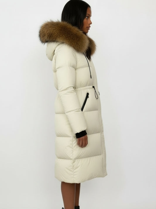 Drawstring Waist Long Down Coat in White with Natural Fur Hood