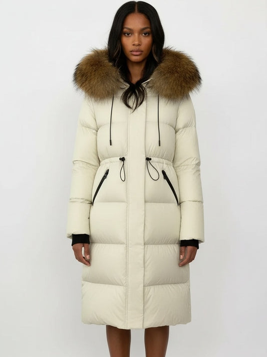 Drawstring Waist Long Down Coat in White with Natural Fur Hood