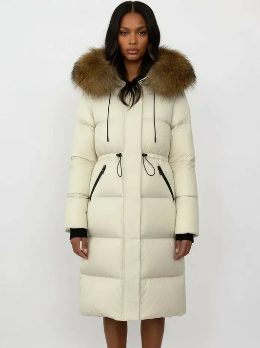 Drawstring Waist Long Down Coat in White with Natural Fur Hood - Small - Coats