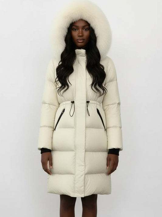 Drawstring Waist Long Down Coat in White with White Fur Hood