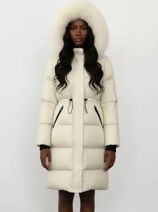 Drawstring Waist Long Down Coat in White with White Fur Hood - Coats